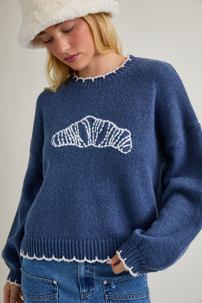 Croissant Stitched Sweater - Dusty Blue