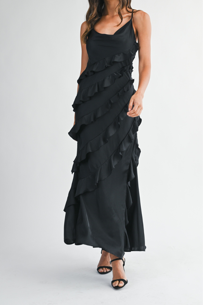 Clo Satin Ruffle Maxi Dress - Black