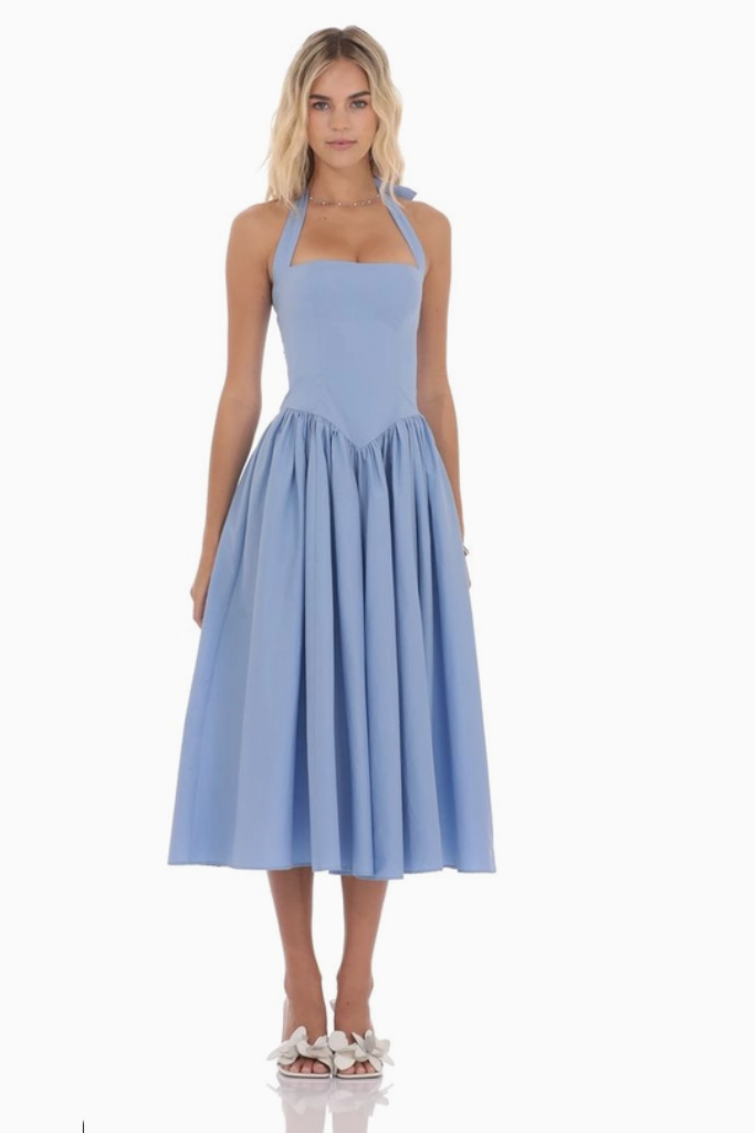 Heaven Sent Halter Midi Dress- Light Blue