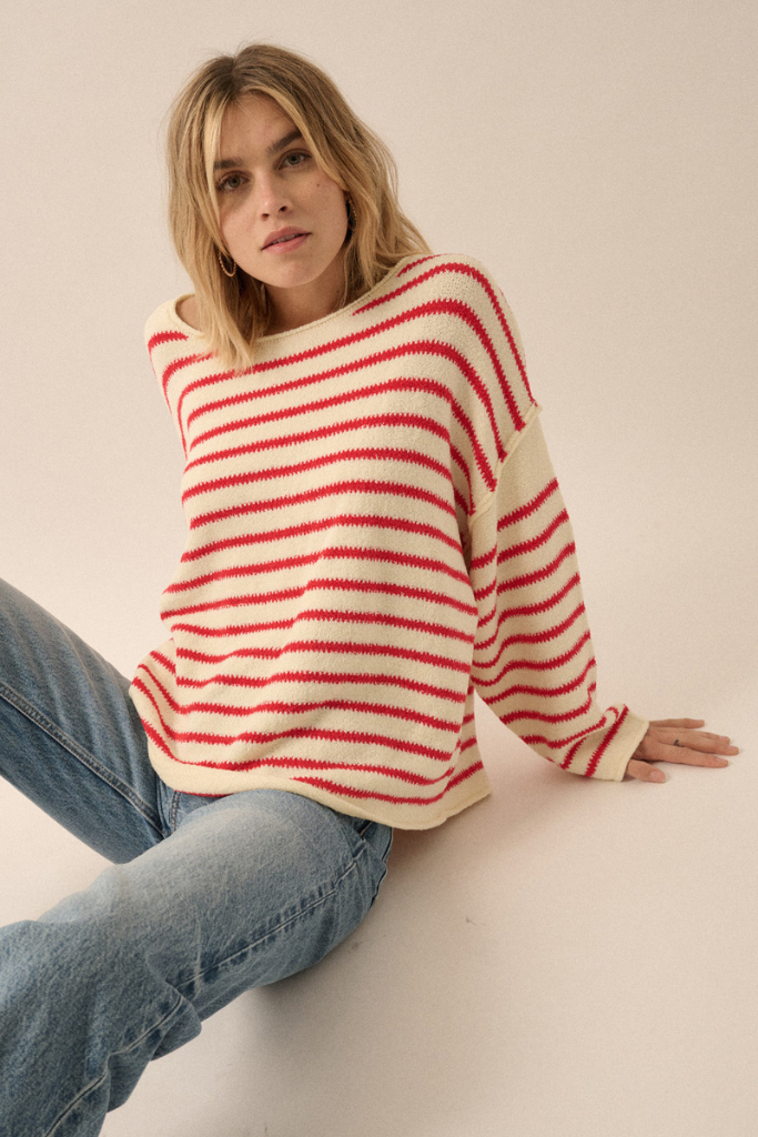 Tula Striped Off Shoulder Sweater - Cream/Red