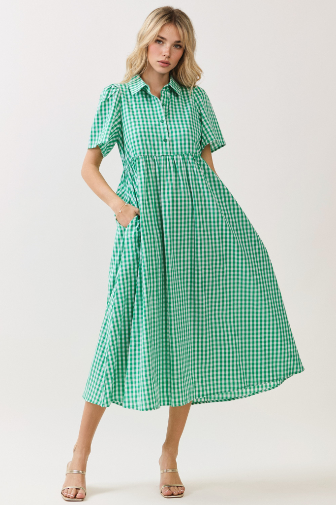 Kiss And Tell Gingham Midi Dress -  Kelly Green