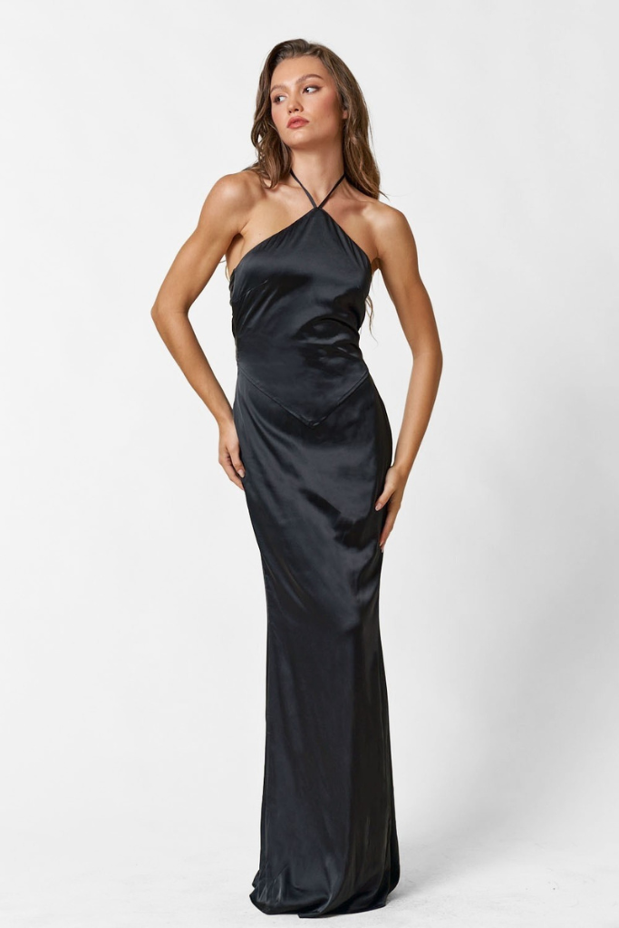 Ravelia Satin Maxi Dress - Black