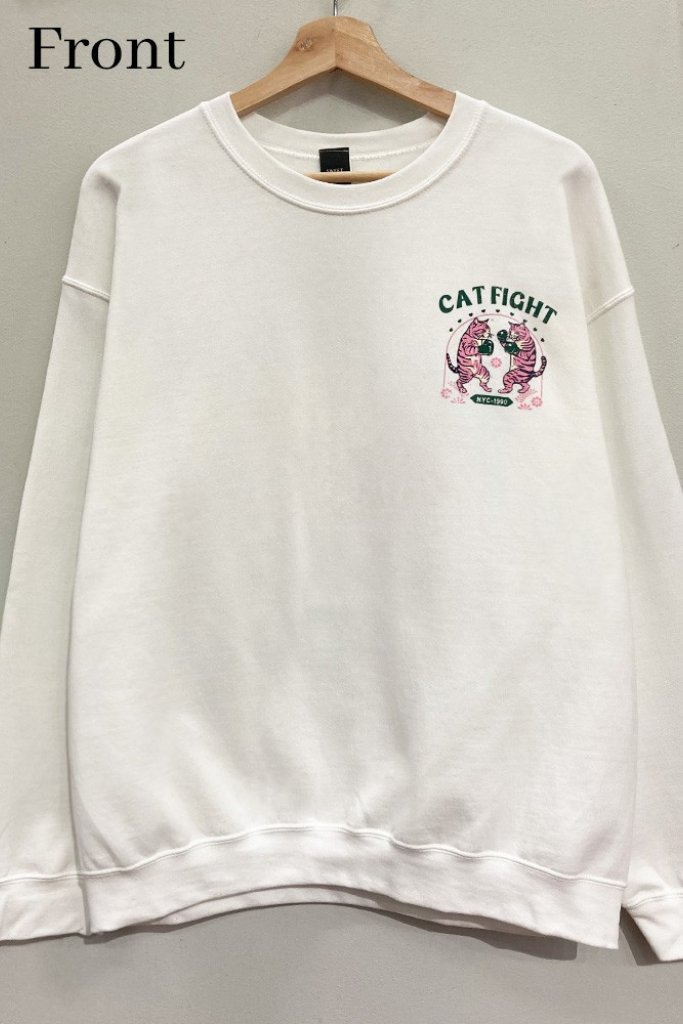Front of white Cat Fight graphic sweatshirt with small boxing tigers chest logo