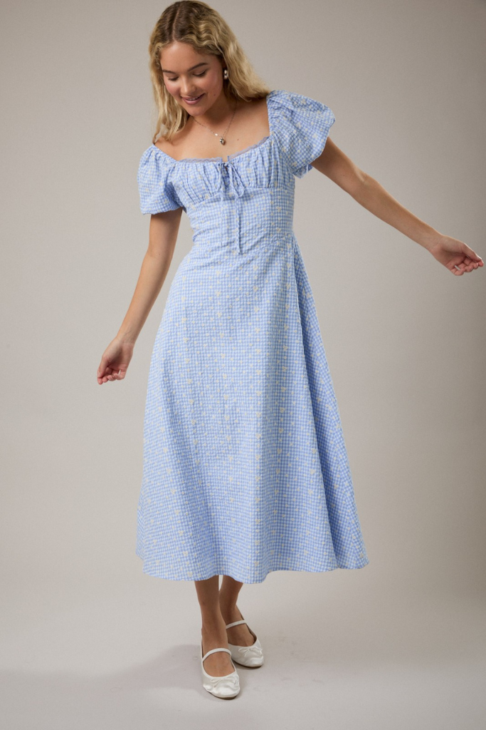 Getting Ready Gingham Midi Dress - Blue/White