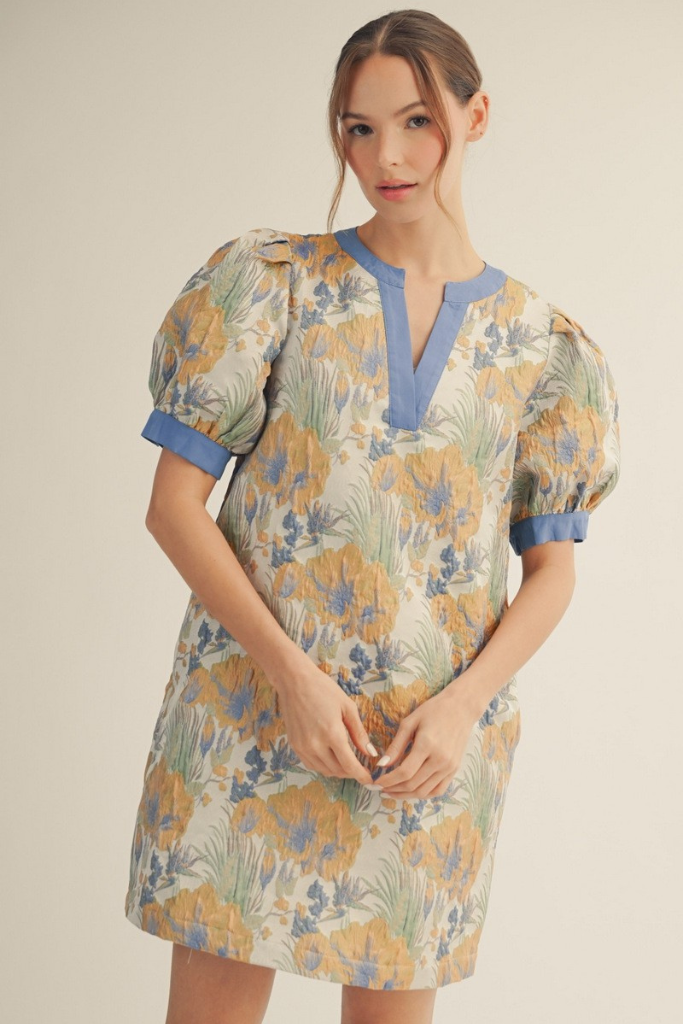 Korina Jacquard Shift Dress - Blue Floral