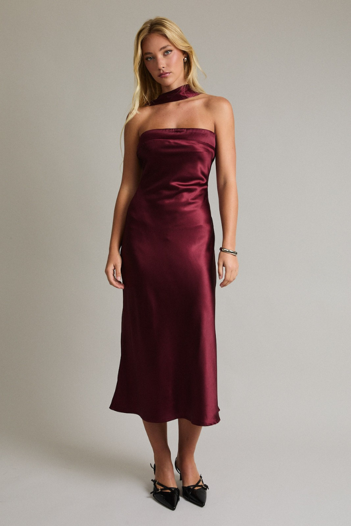 Show Off Satin Midi Dress-  Burgundy