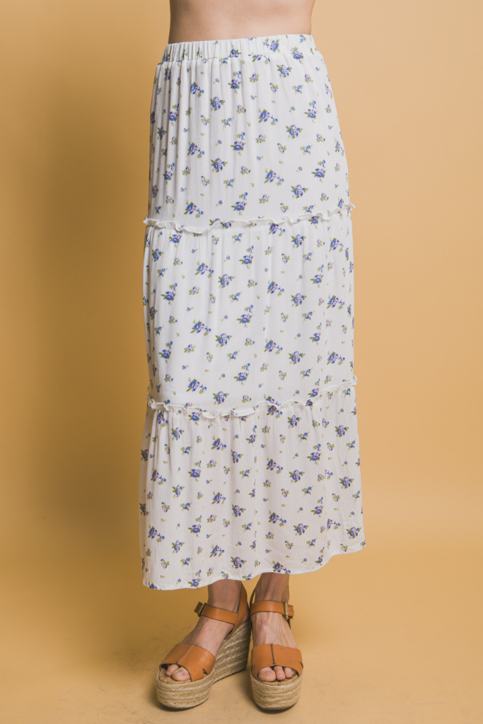 Sweet Lies Floral Maxi Skirt - White/Blue
