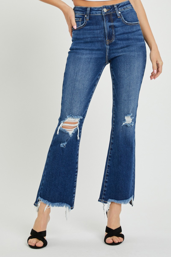 On Fire Cropped Flare Jeans - Dark Wash