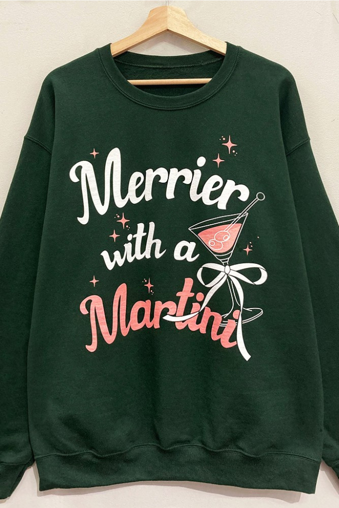 Merrier With A Martini Sweatshirt - Dark Green