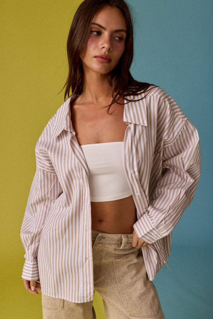 Monna Striped Button Up Top - Taupe