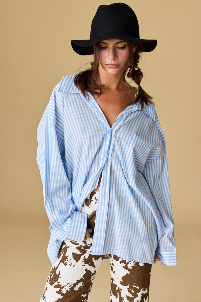 Monna Striped Button Up Top - Blue