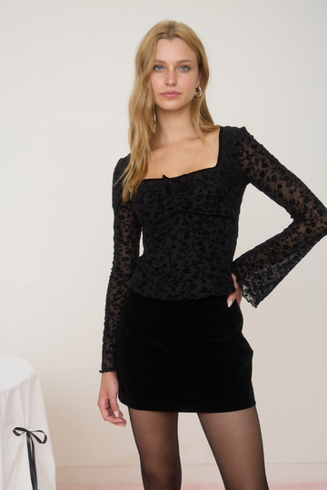 Nadia Floral Velvet Top - Black