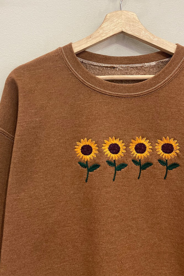 Embroidered Sunflower Sweatshirt - Pecan