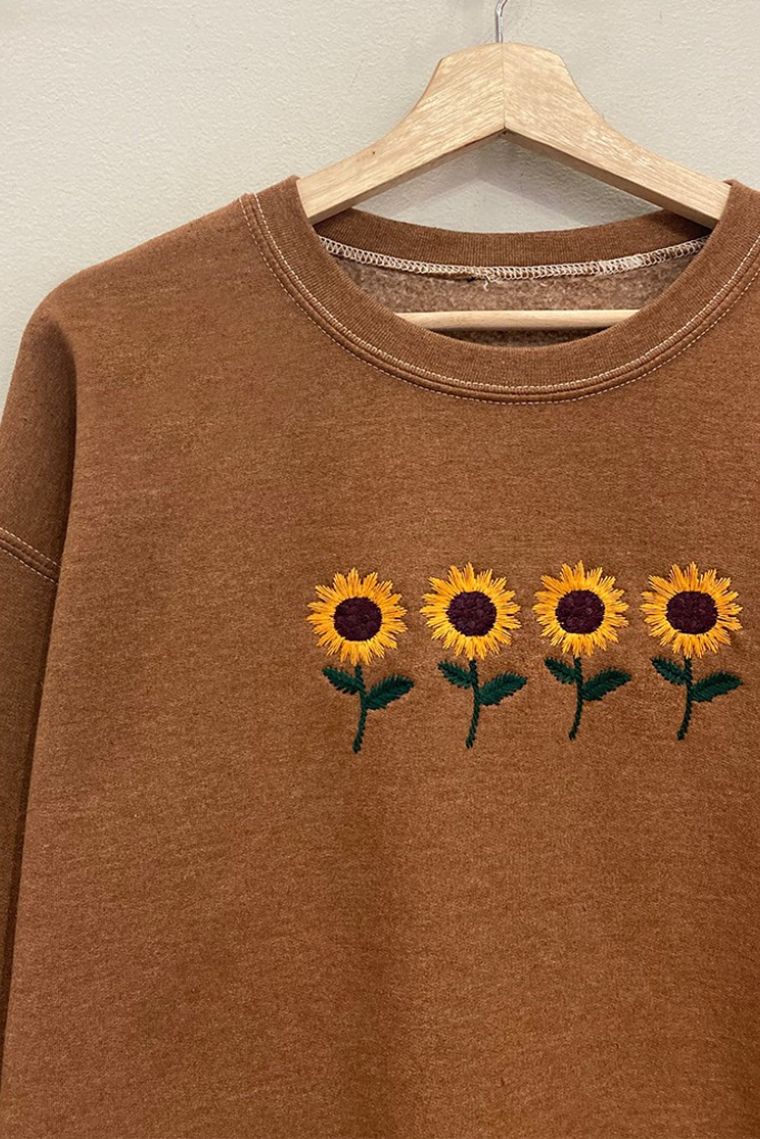 Embroidered Sunflower Sweatshirt - Pecan