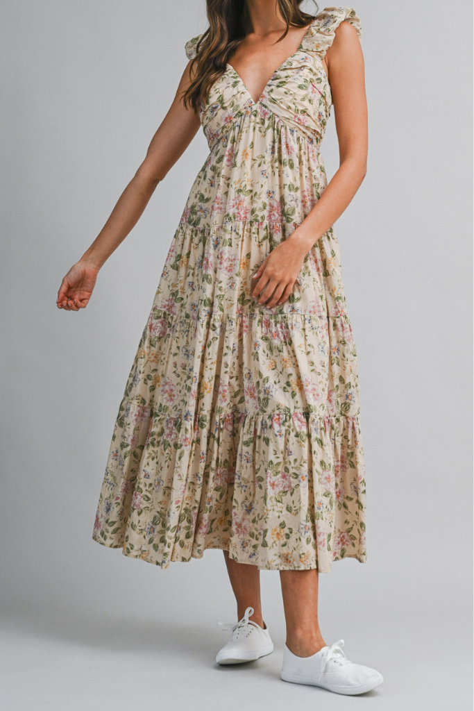 The Dolly Floral Midi Dress - Taupe