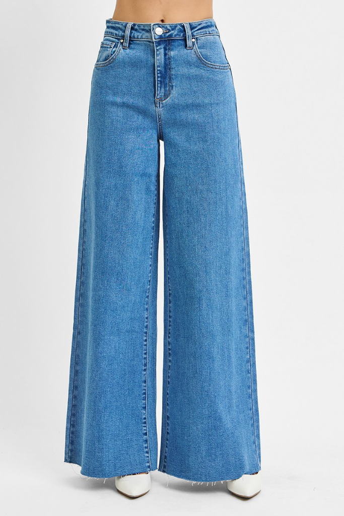 One For Me Wide Palazzo Jeans - Medium Wash