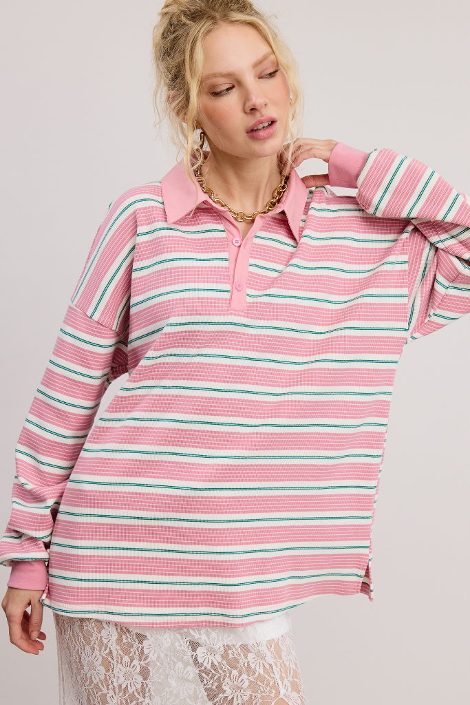 Easy Enough Striped Polo Top - Pink