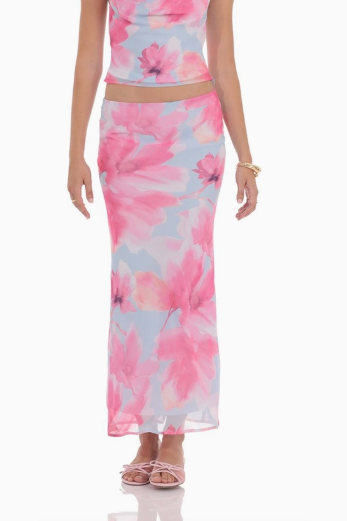 Chelley Floral Maxi Skirt- Blue/ Pink