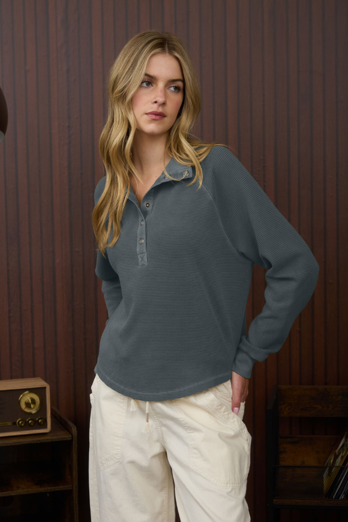 Aiden Henley Top - Steel Blue