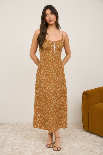 Hillary Floral Midi Dress - Brown