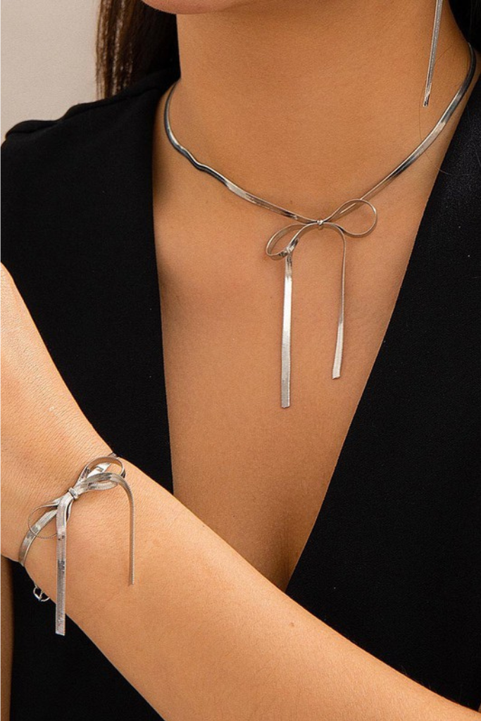 Anika Bow Necklace &amp; Bracelet Set - Silver