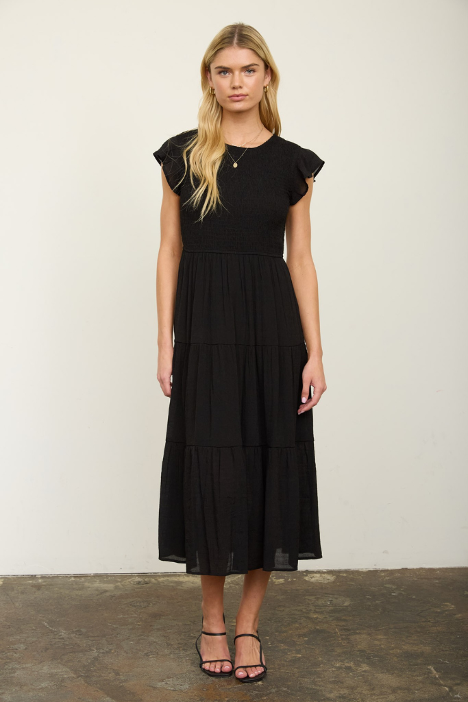 Loving Gaze Smocked Midi Dress - Black