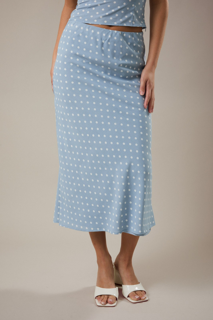 Brunch Plans Maxi Skirt - Blue Polka Dot