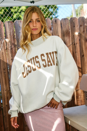 Jesus Saves Mock Neck Reverse Sweatshirt- Ash Grey