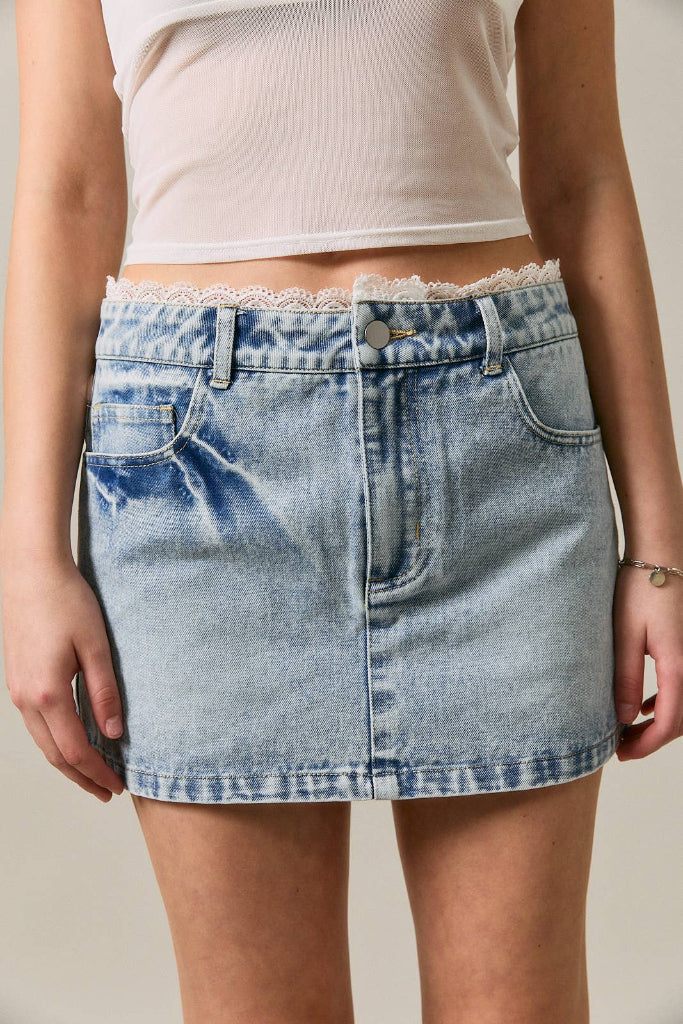 LE LIS - MID WAIST DENIM SKIRT WITH LACE TRIM DETAIL