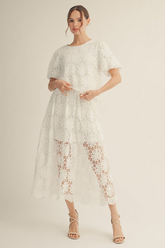 Talk Pretty Floral Lace Midi Skirt - Off White