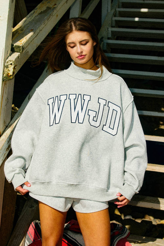 WWJD Embroidered Mock Neck Sweatshirt - Grey
