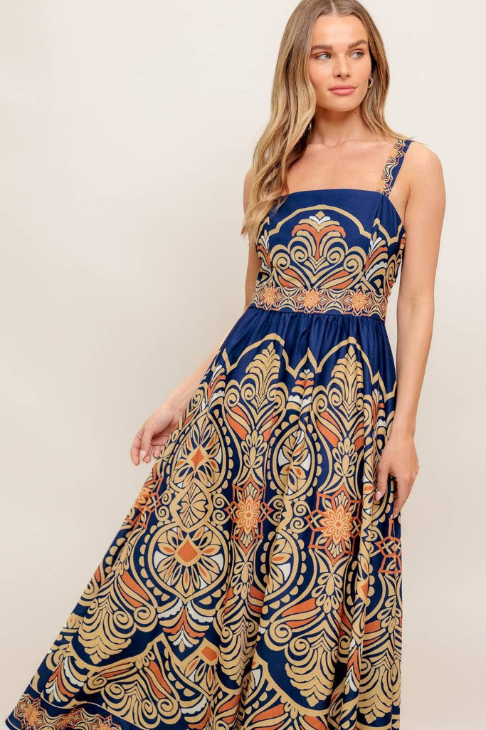 Capri Sunset Printed Midi Dress - Navy Multi