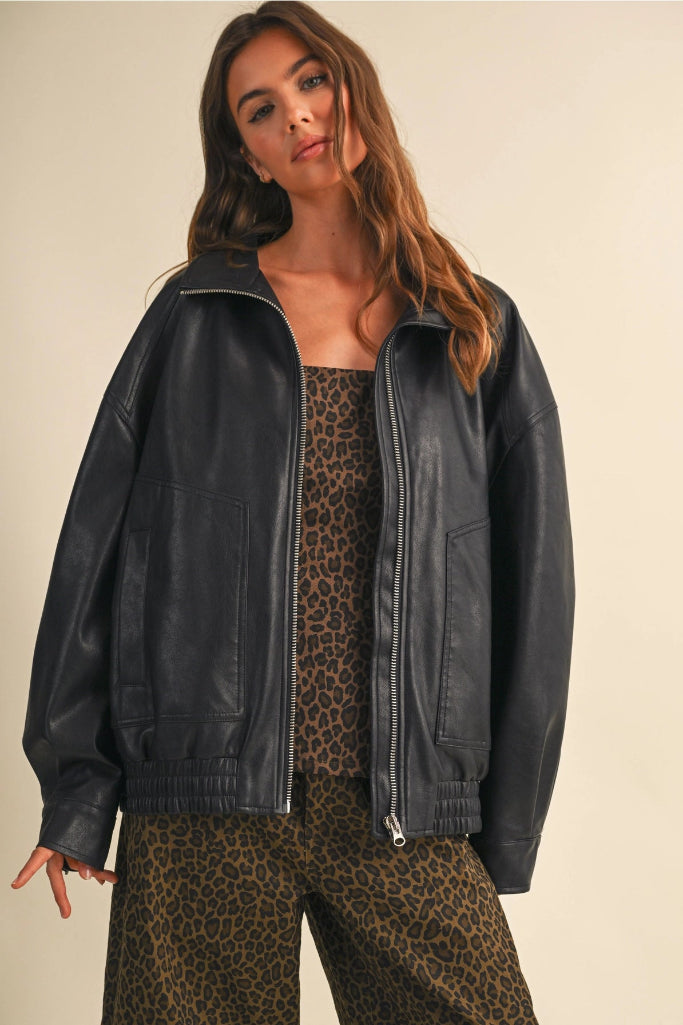 No Filter Oversized Fuax Leather Jacket - Black