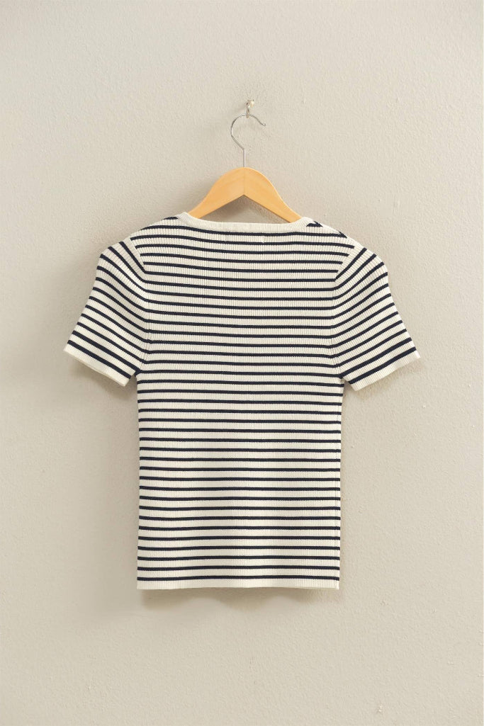 Hot Enough Striped Ribbed Knit Top - Navy