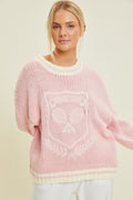 Sports Club Embroidered Sweater- Pink/Cream