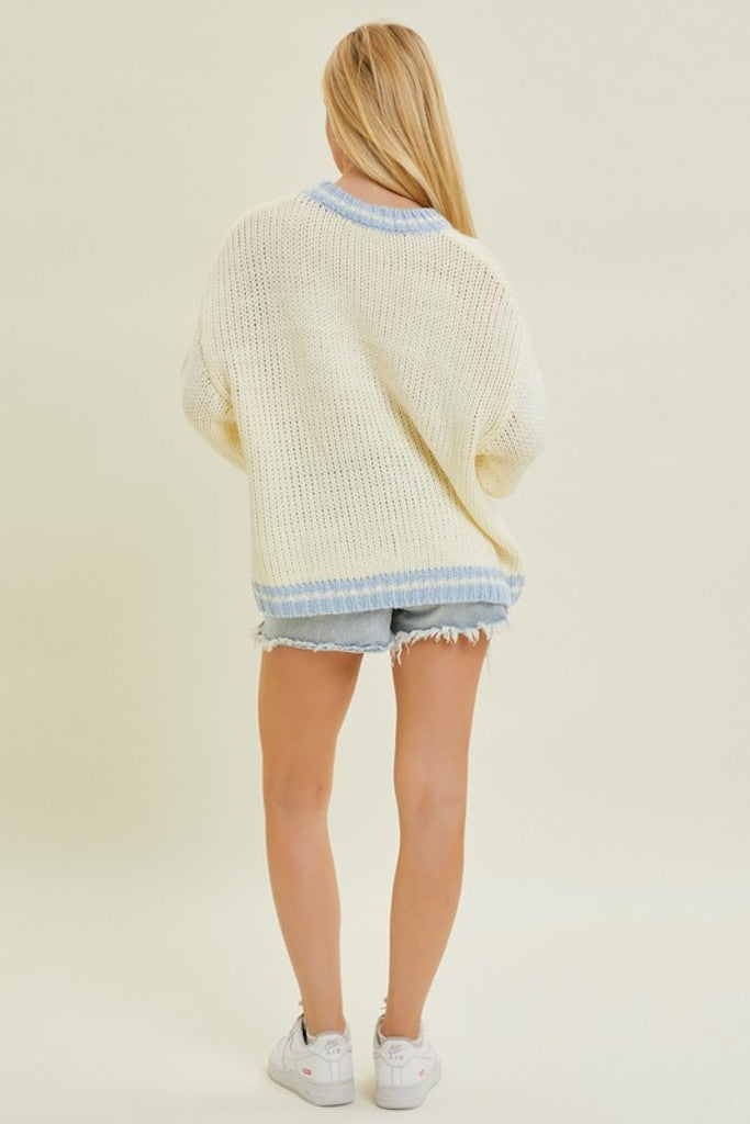 Sports Club Embroidered Sweater- Cream/Blue