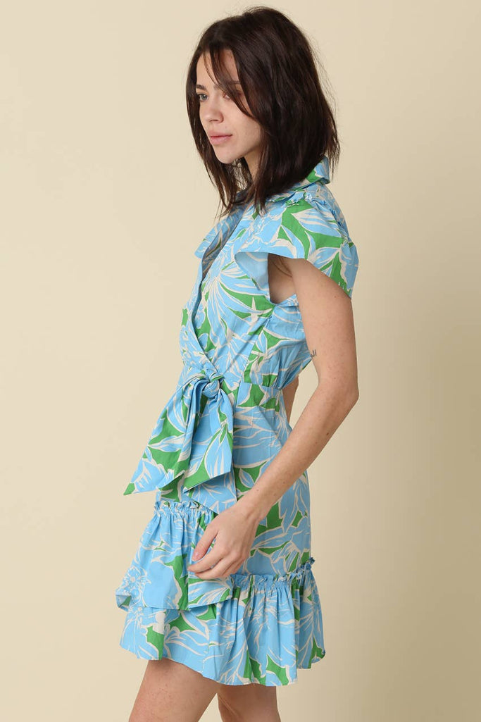 Bayley Floral Ruffle Wrap Mini Dress - Blue