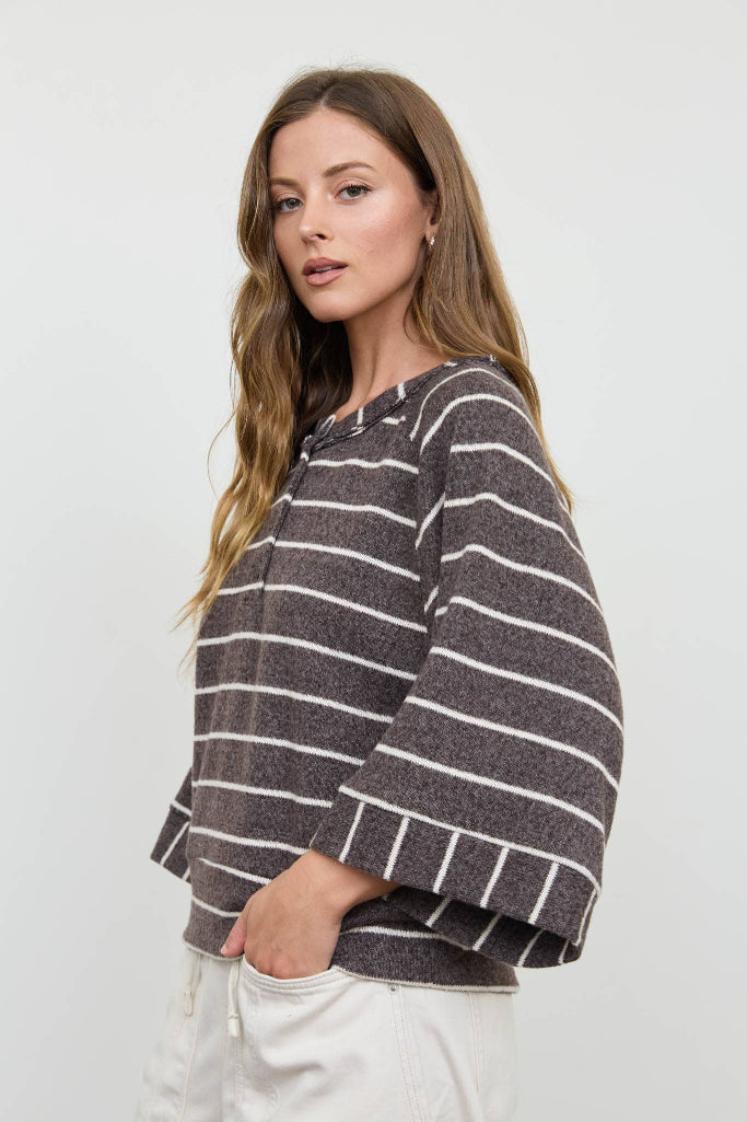 Pure Love Striped Henley Top - Dark Brown