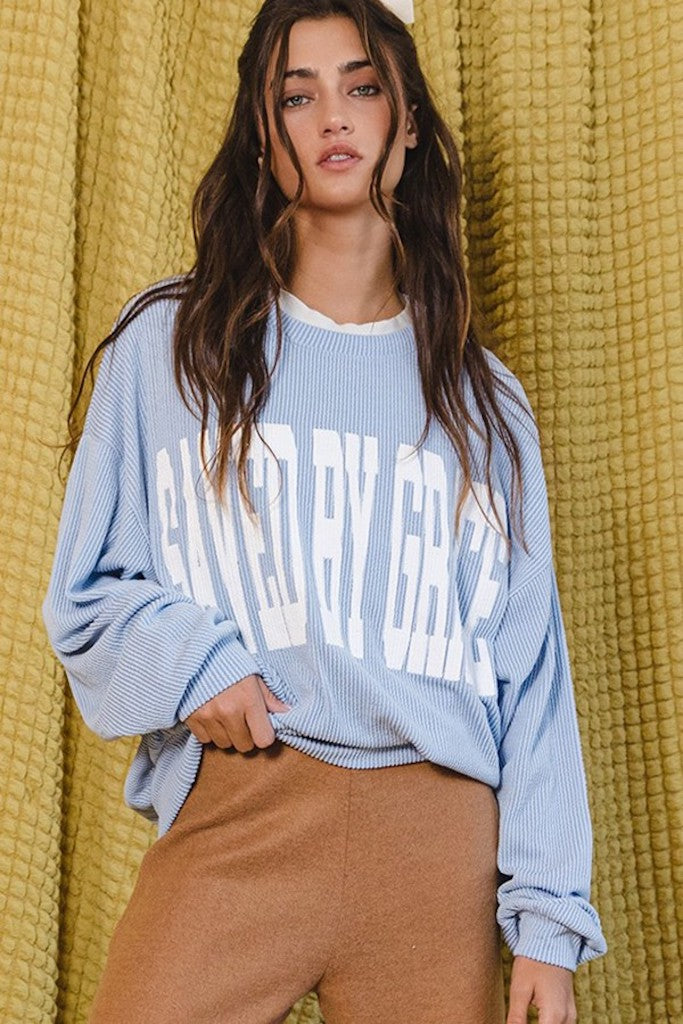 Saved By Grace Graphic Sweatshirt- Light Blue