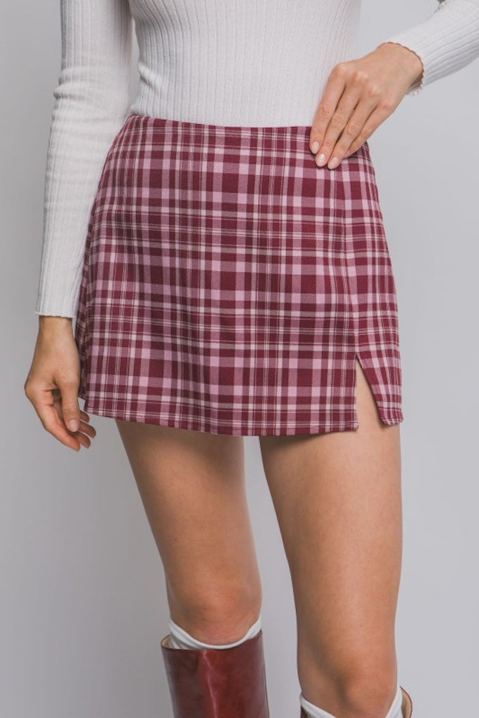 Secret Grove Plaid Skort- Burgundy