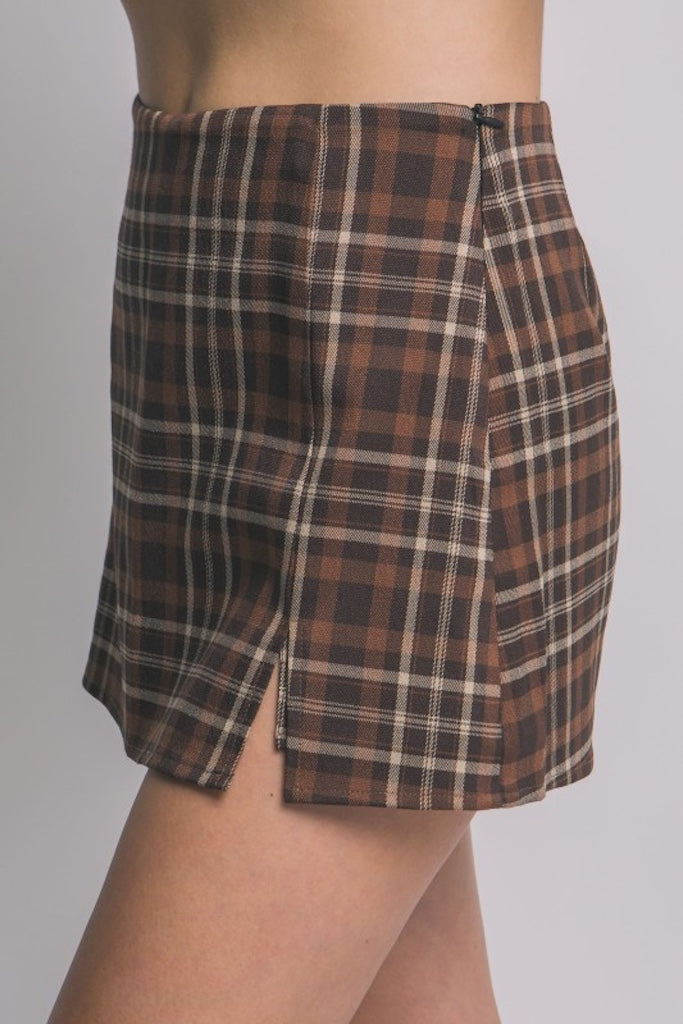 Secret Grove Plaid Skort- Brown