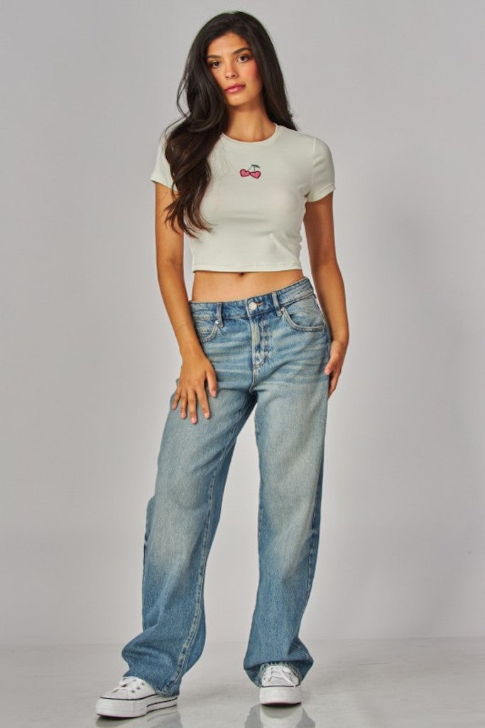 Cherry Mood Crop Top- Cream