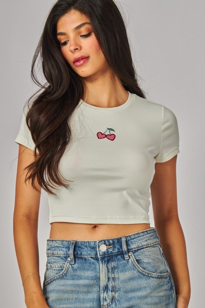Cherry Mood Crop Top- Cream