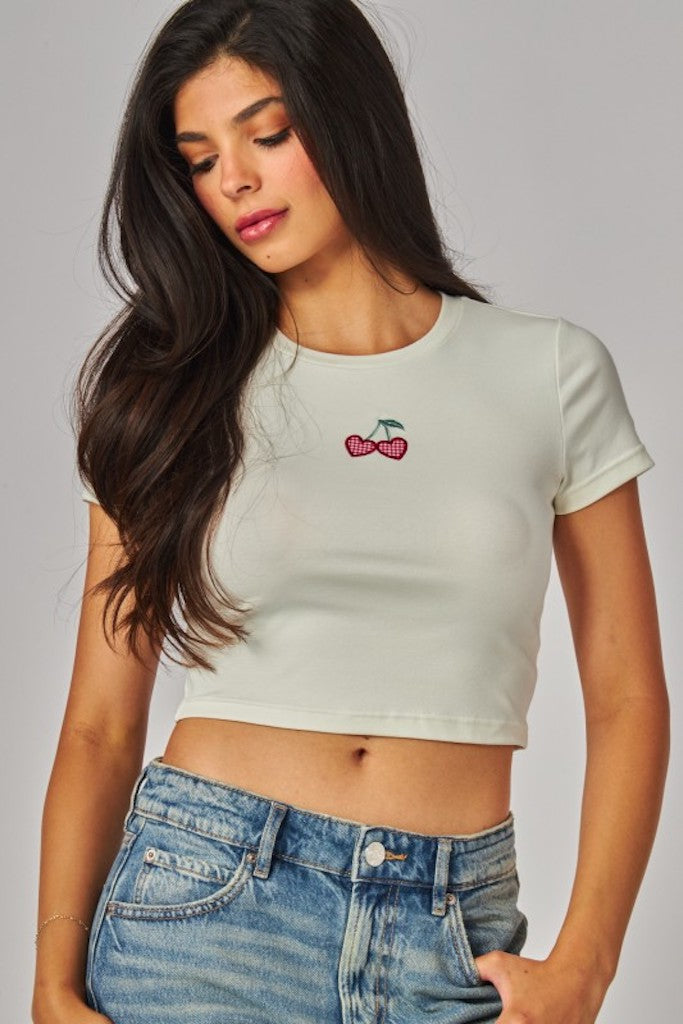 Cherry Mood Crop Top- Cream