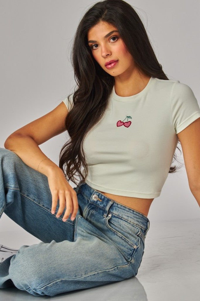 Cherry Mood Crop Top- Cream