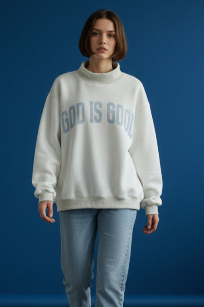 God Is Good Reversible Mock Neck Sweatshirt- Ash Grey/Light Blue