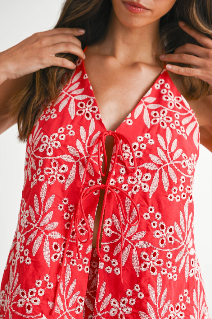 Be Her Embroidered Halter Top - Red