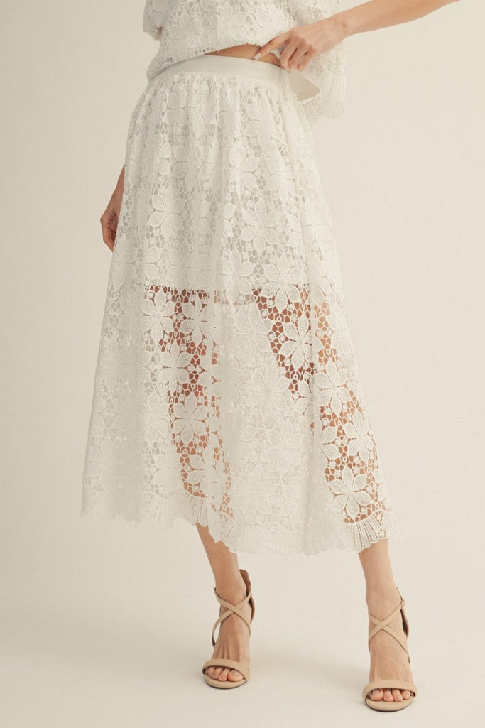 Talk Pretty Floral Lace Midi Skirt - Off White