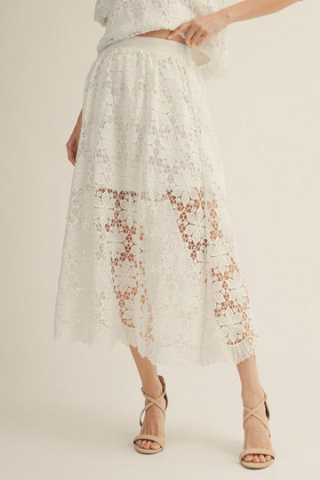 Talk Pretty Floral Lace Midi Skirt - Off White