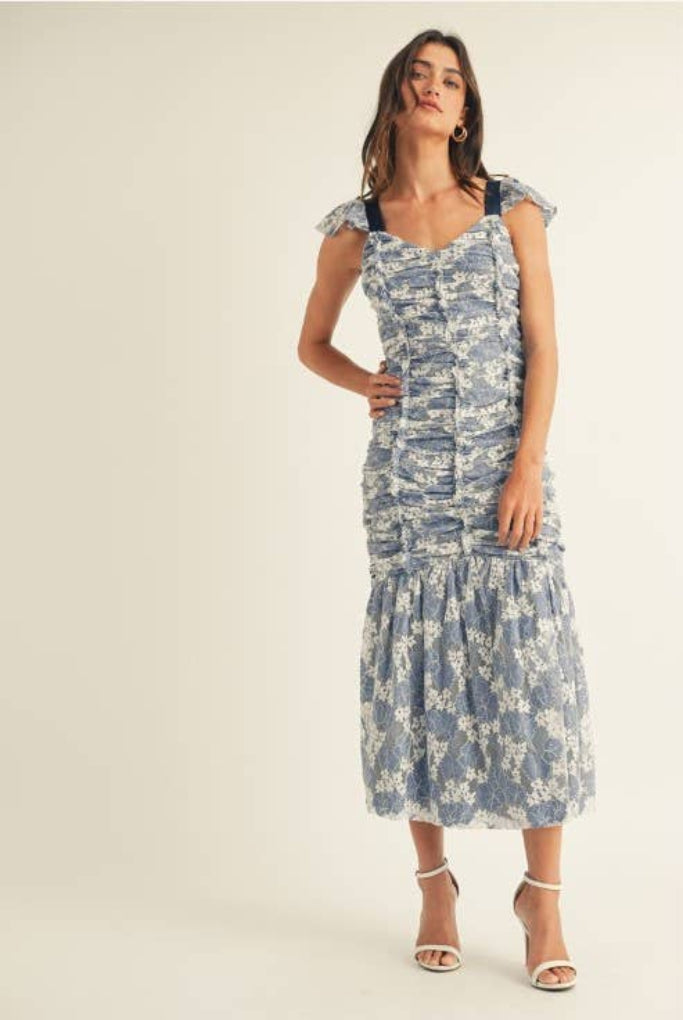 Lace Bloom Midi Dress - Blue